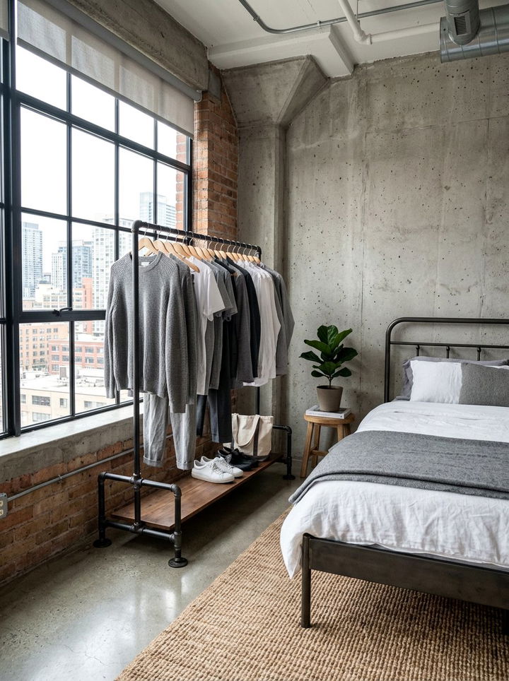 Iron Pipe Clothing Rack - 30 industrial gray bedroom ideas