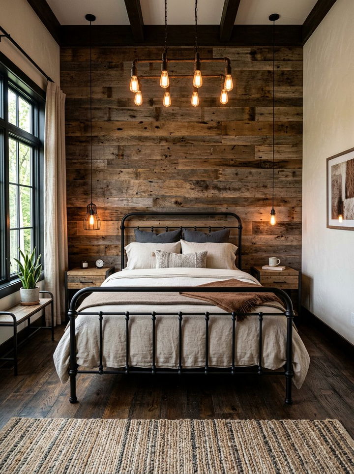 Iron and Reclaimed Wood Bedroom - 30 mixed material bedroom ideas