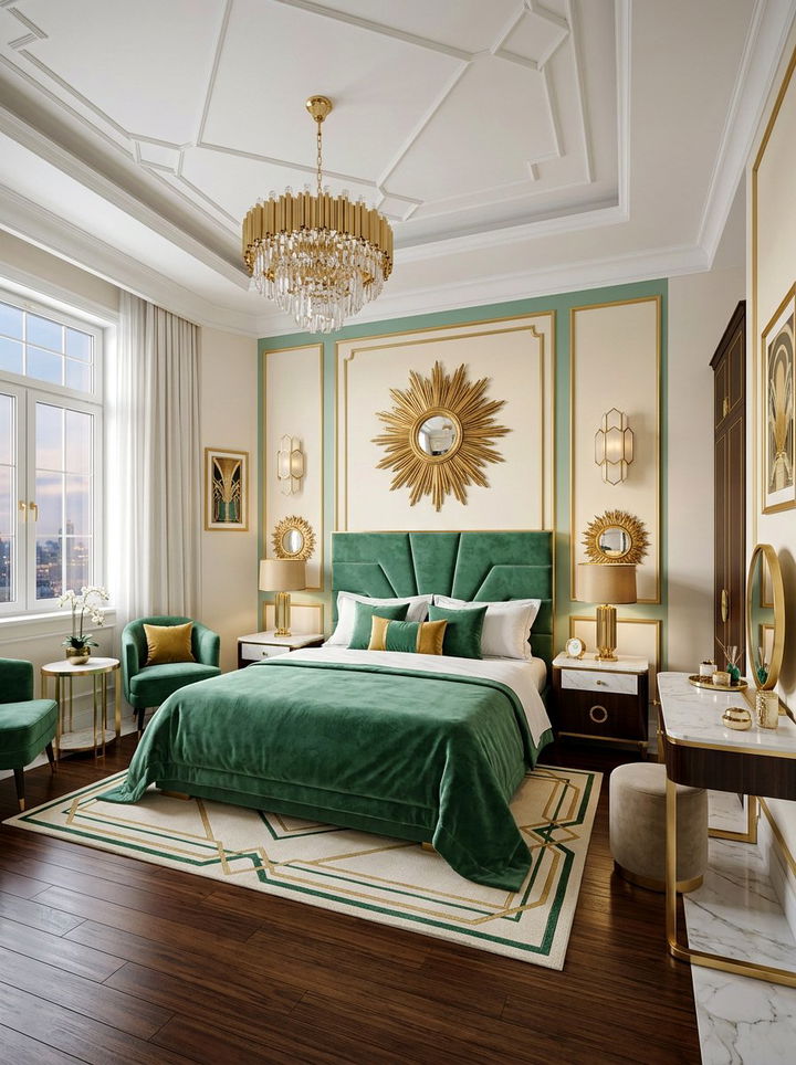 Jade green art deco bedroom - 30 green and white bedroom ideas
