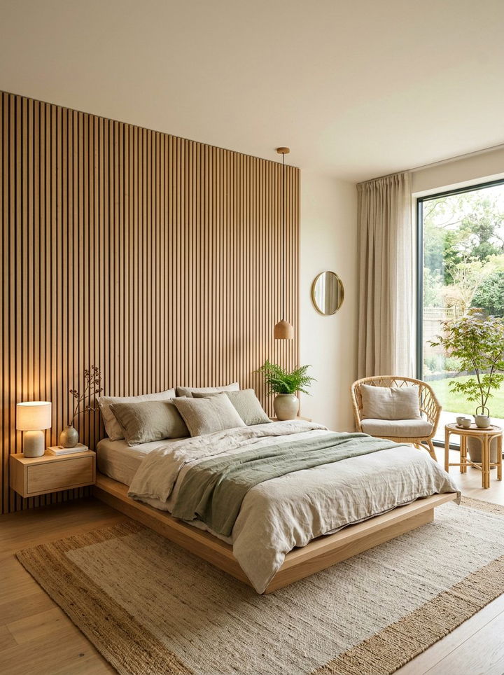 Japandi Slat Wood Wall - 30 bedroom wood wall ideas