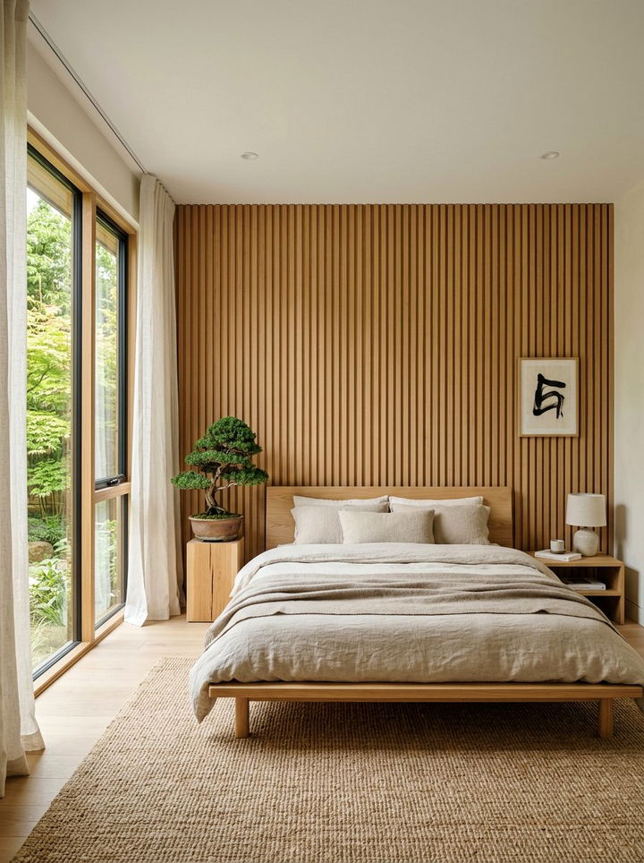 Japandi Slatted Wood Wallpaper - 30 bedroom minimalist wallpapers