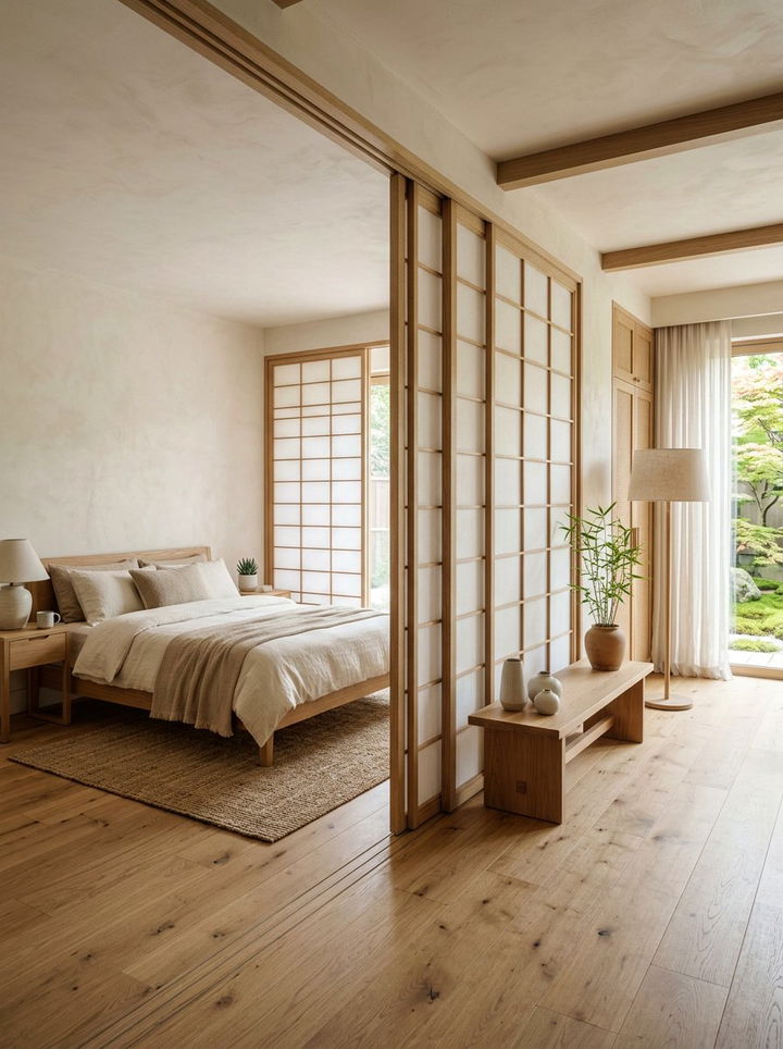 Japandi bedroom with sliding screens - 30 L-shaped bedroom ideas