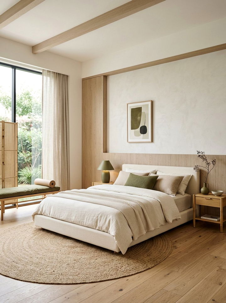 Japandi style bedroom - 30 olive and cream bedroom ideas