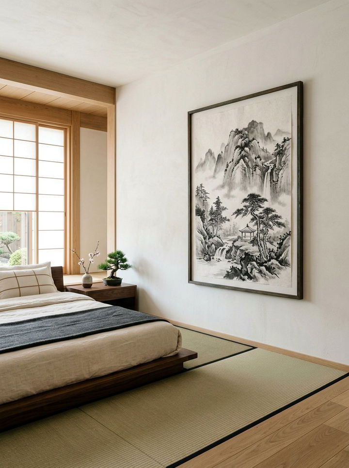 Japanese art wall decor - 30 Japanese bedroom ideas