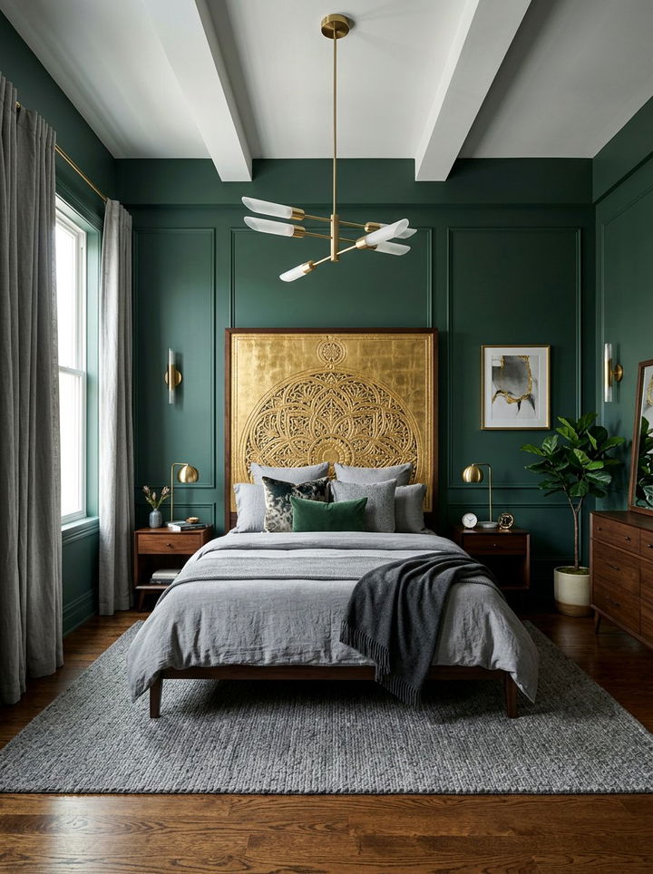Juniper Green Walls Gold Leaf Headboard - 30 green and gold bedroom color combo
