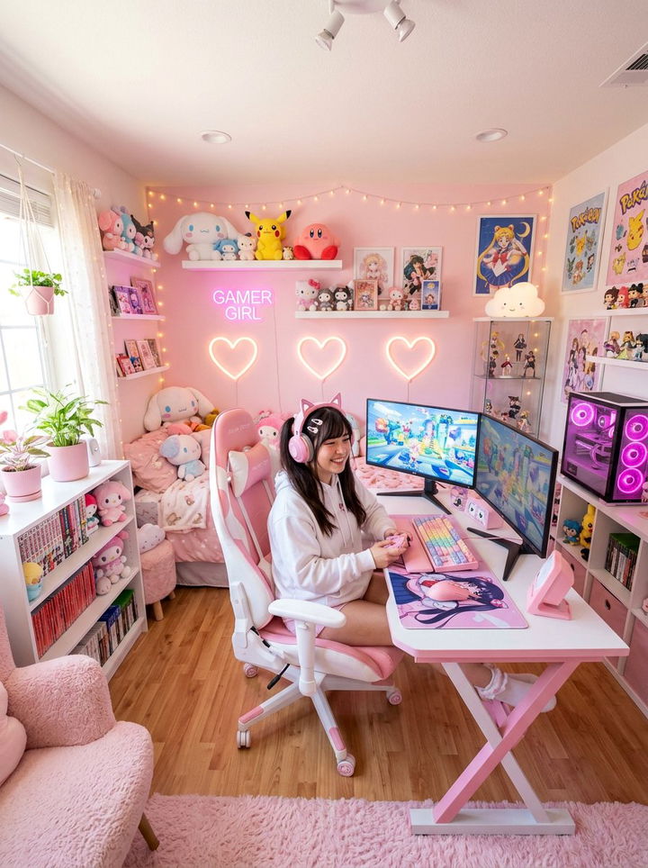 Kawaii Pink Gaming Room - 30 gaming bedroom ideas