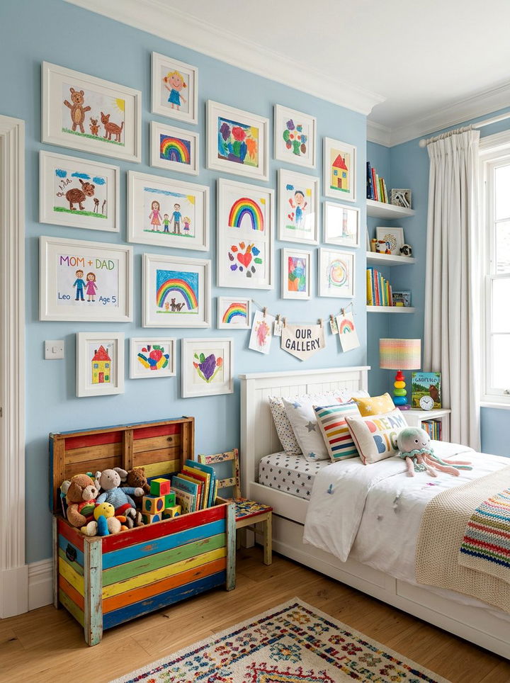 Kids art memory wall - 30 bedroom memory wall ideas