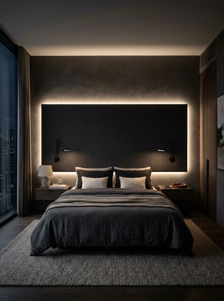 LED Backlit Floating Headboard - 30 bedroom floating headboard ideas
