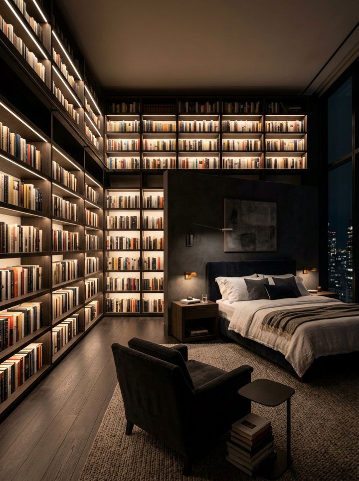 LED Backlit Wall Bookshelves - 30 bedroom bookshelf ideas