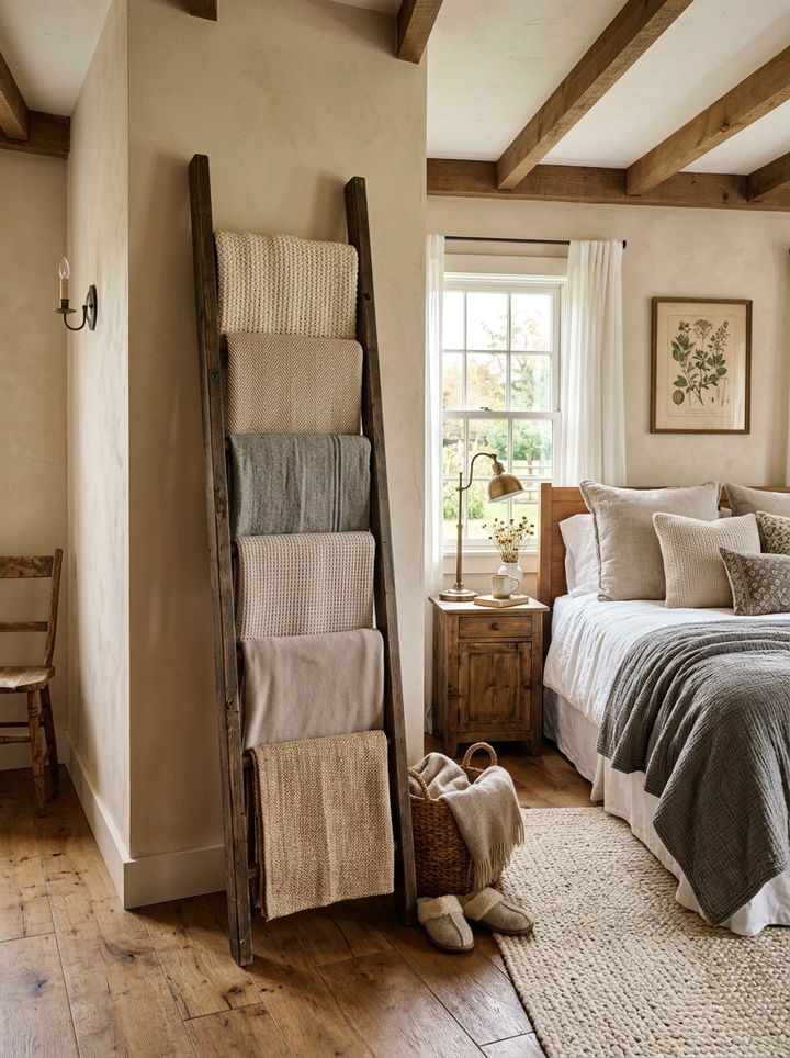Ladder Blanket Rack - 30 farmhouse beige bedroom ideas