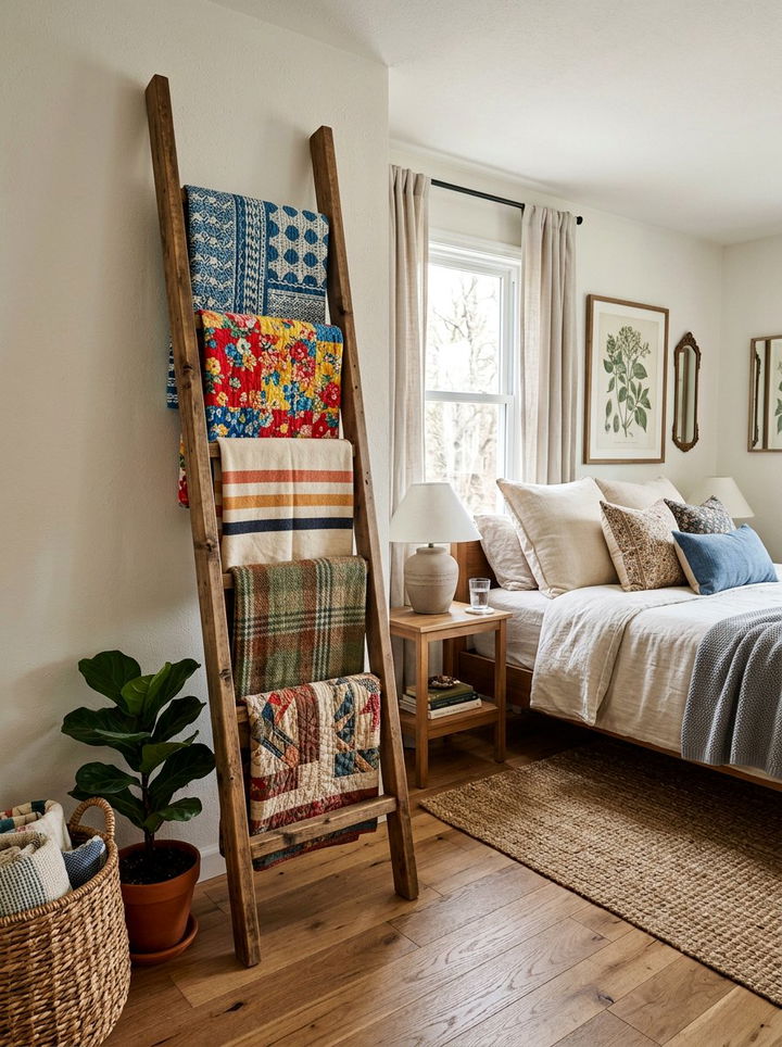 Ladder Blanket Rack - 30 fixer upper bedroom ideas