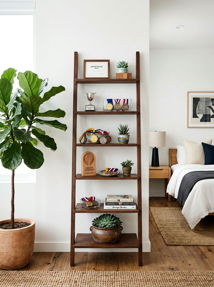 Ladder Shelf Trophy Stand - 30 bedroom award display ideas