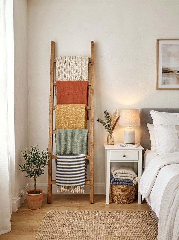 Ladder Towel Rack - 30 low cost bedroom ideas