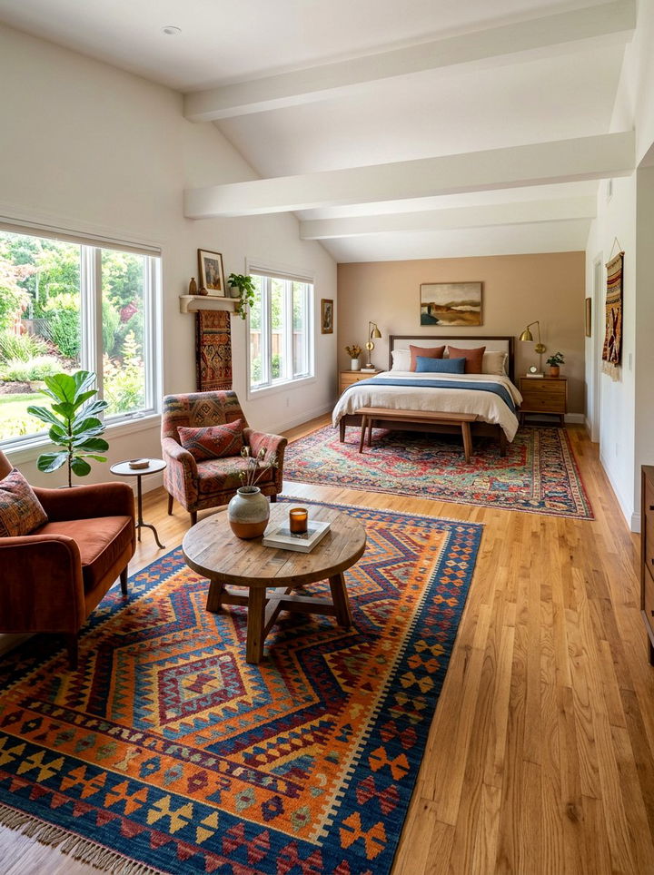 Large Area Rug Zoning - 30 long bedroom ideas