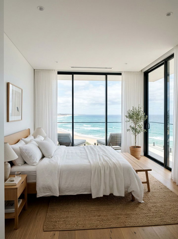 Large windows ocean view - 30 coastal white bedroom ideas
