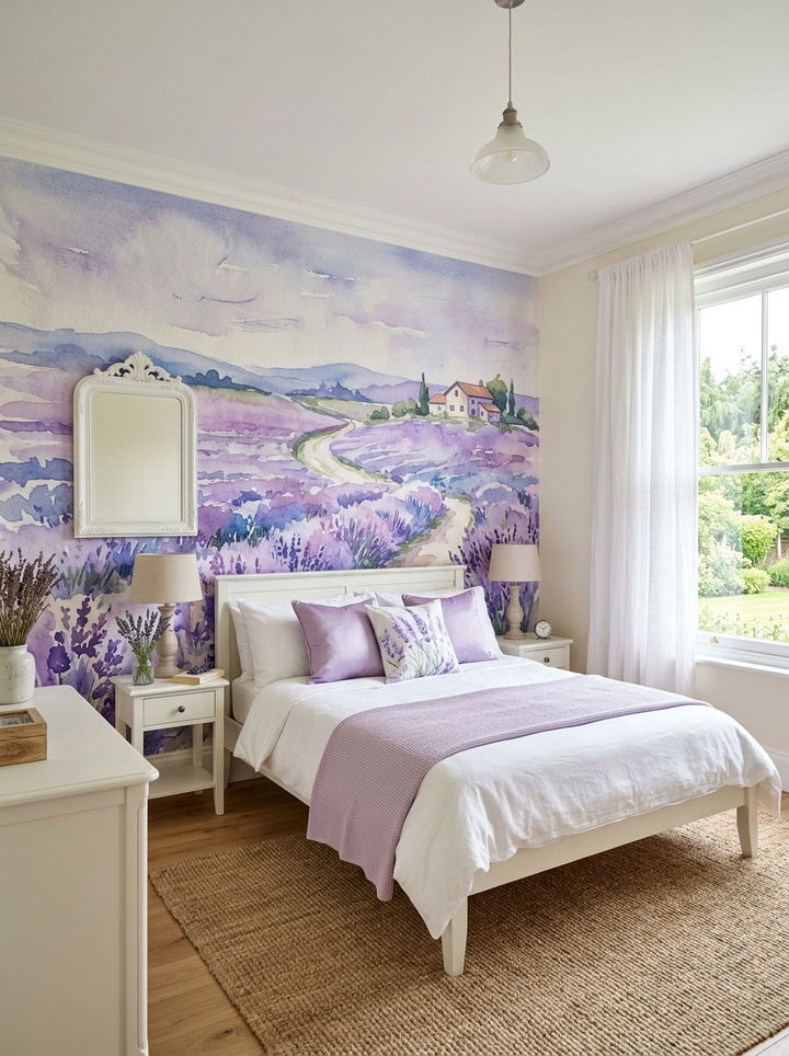 Lavender Field Watercolor Wallpaper - 30 bedroom peel and stick wallpapers