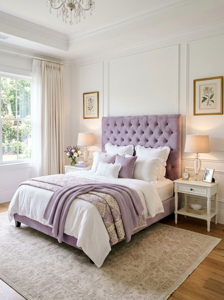 Lavender Tufted Headboard Bedroom - 30 purple and white bedroom ideas