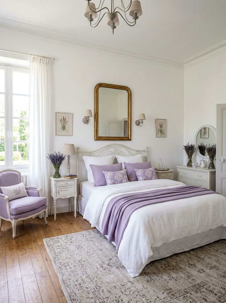 Lavender accent French bedroom - 30 French shabby chic bedroom ideas