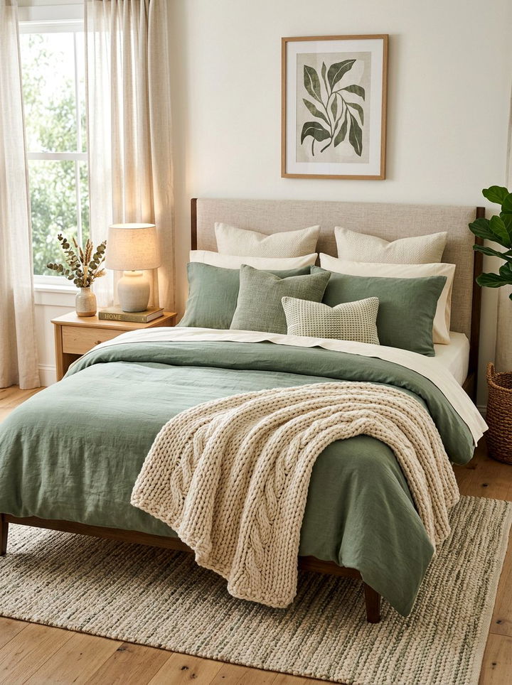Layered Bed Styling - 30 sage green and cream bedroom ideas