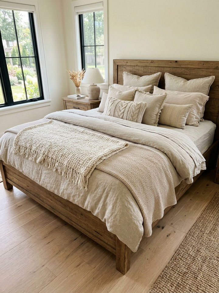 Layered Bedding Texture - 30 farmhouse beige bedroom ideas