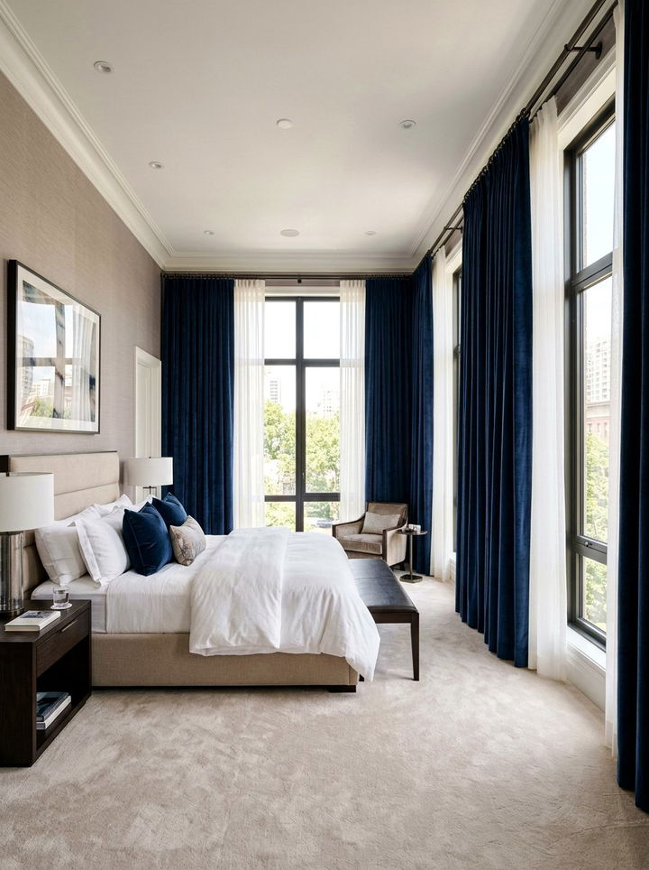 Layered Drapes Tall Windows - 30 high ceiling bedroom ideas