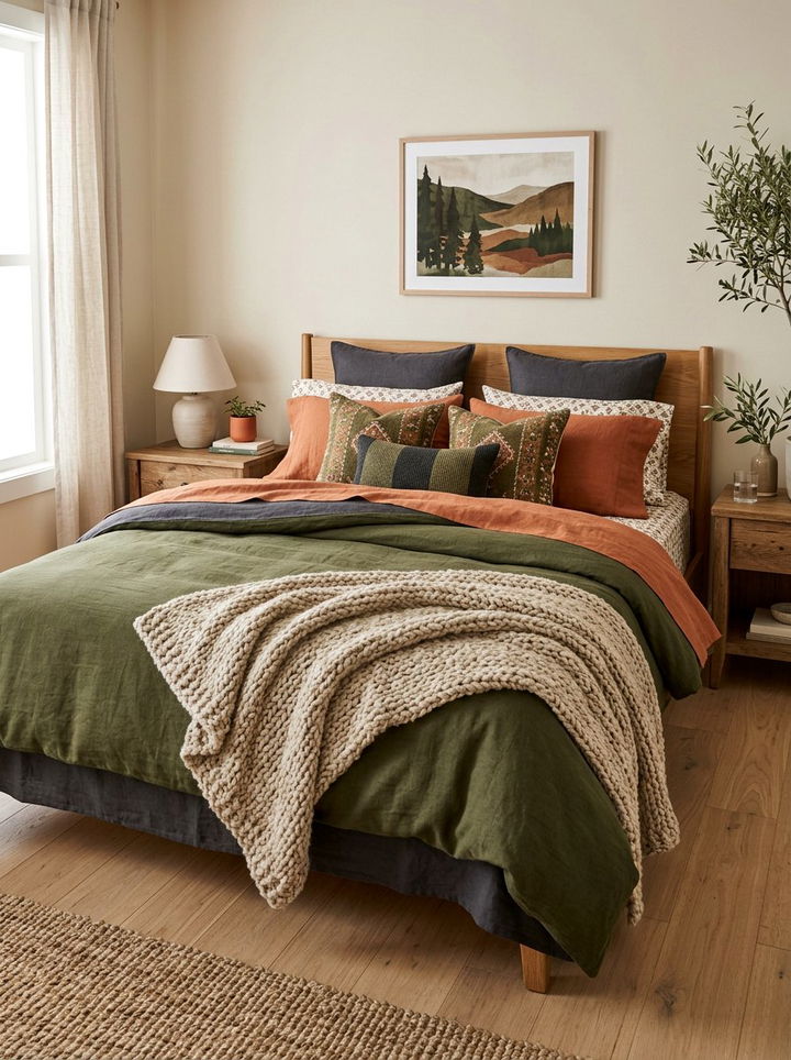 Layered Earth Tone Bedding - 30 woodland bedroom ideas