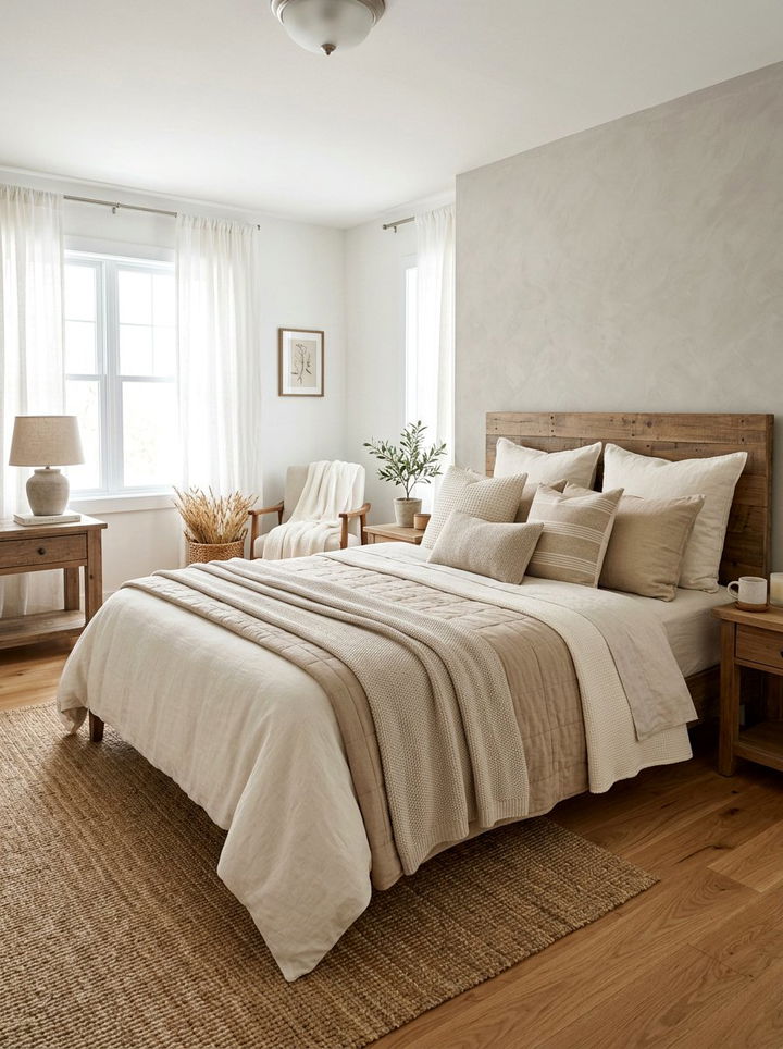 Layered Neutral Bedding Bedroom - 30 rustic cream bedroom ideas