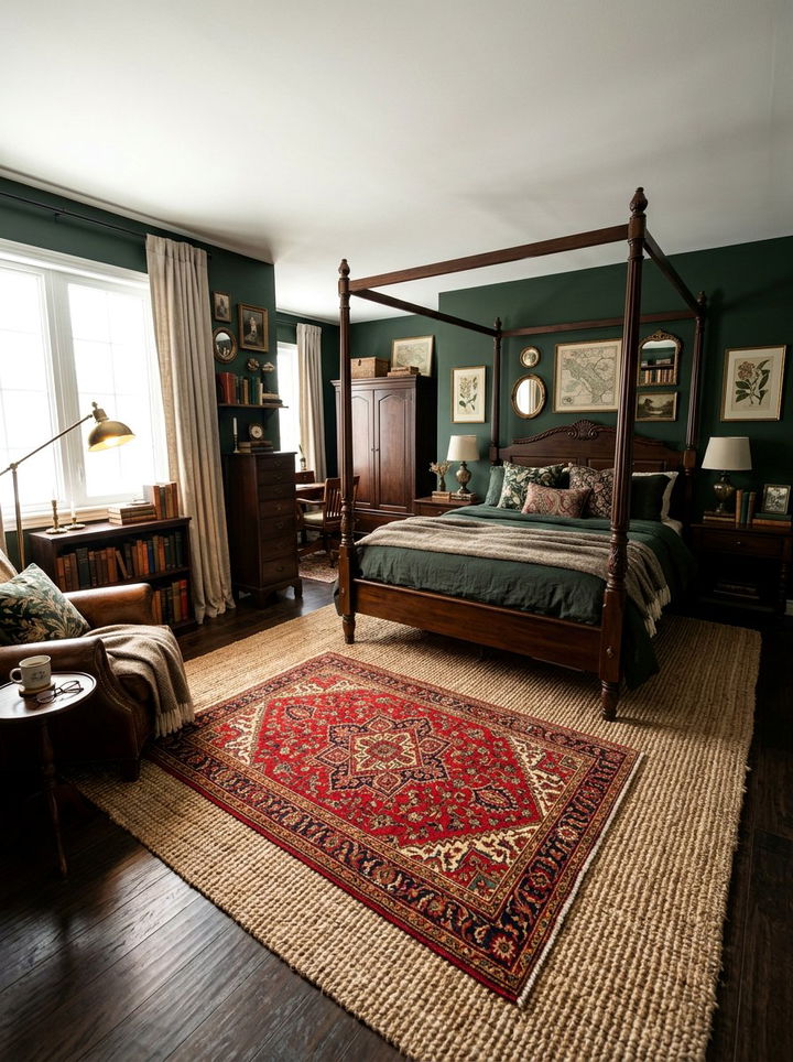 Layered Oriental Rug Bedroom - 30 dark academia bedroom ideas