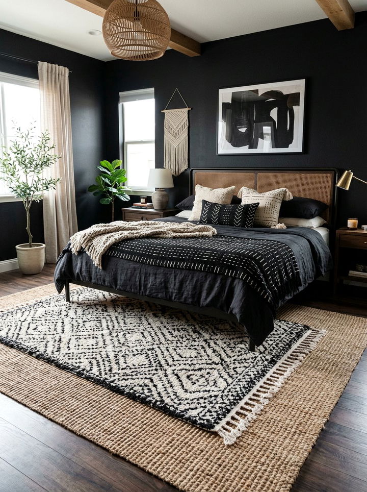 Layered Rug Black Boho Bedroom - 30 bohemian black bedroom ideas