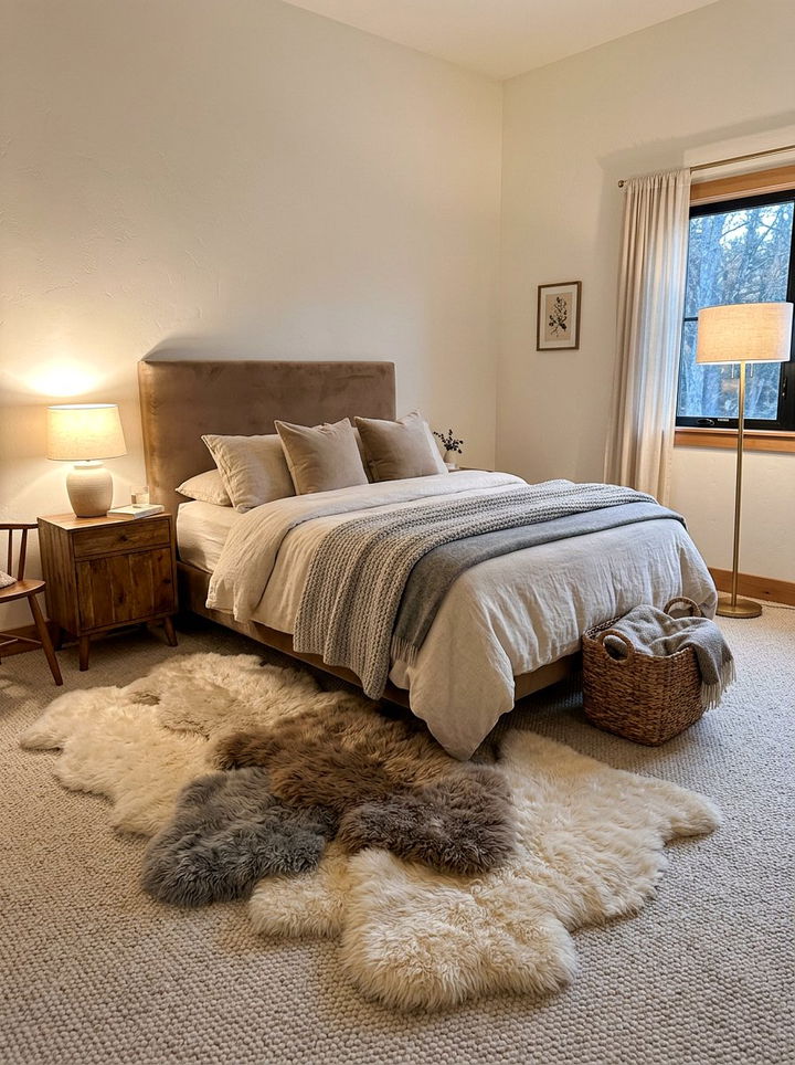 Layered Sheepskin On Carpet - 30 bedroom rug ideas