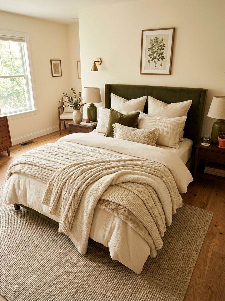 Layered cream blankets - 30 olive and cream bedroom ideas