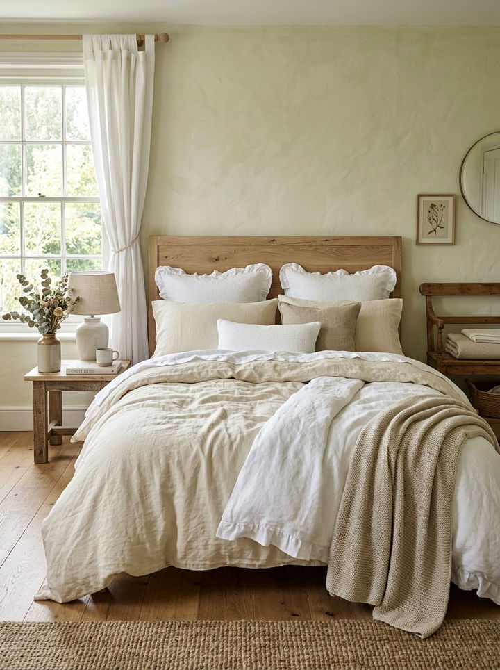 Layered linen bedding - 30 rustic white bedroom ideas