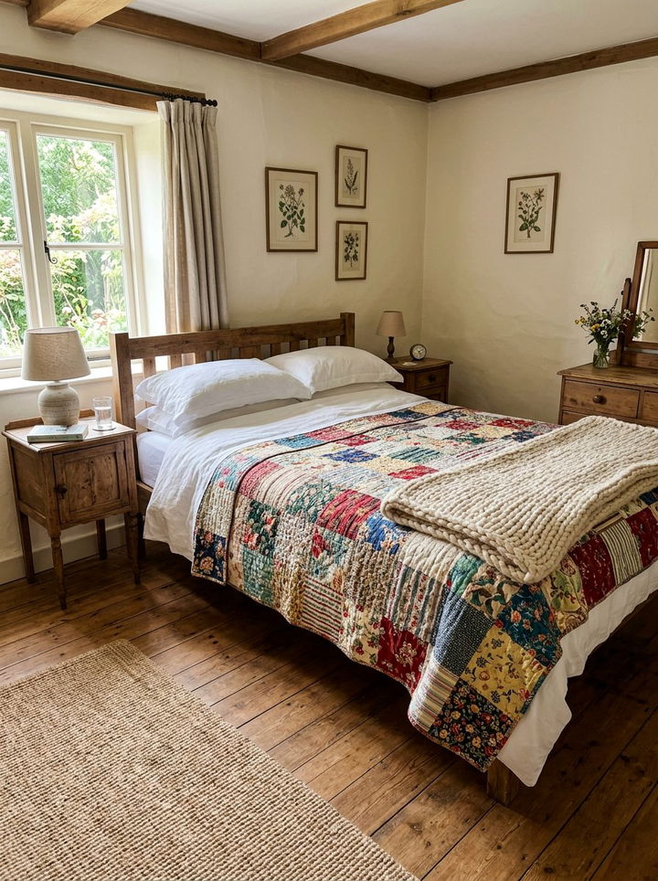 Layered patchwork quilt - 30 cottage core bedroom ideas
