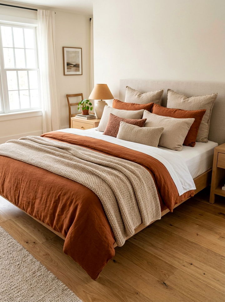 Layered rust and beige bedding - 30 rust and beige bedroom ideas