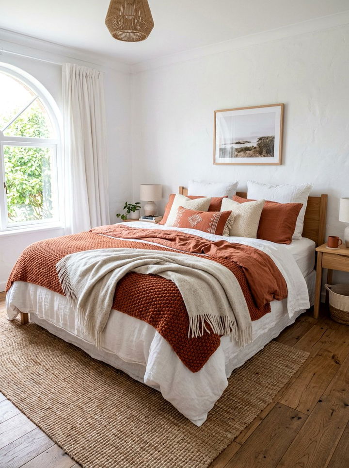 Layered terracotta and white textiles - 30 terracotta and white bedroom ideas