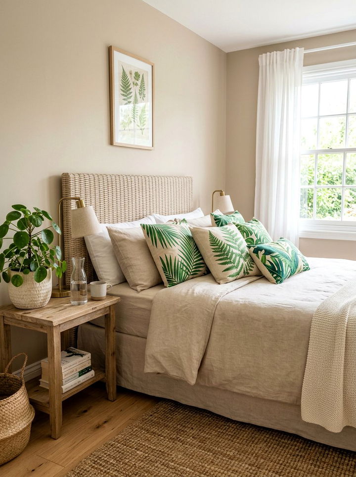 Leaf Print Throw Pillows - 30 tropical bedroom ideas