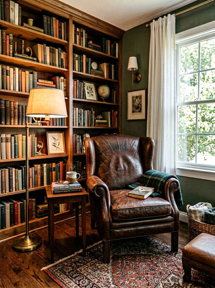 Leather Armchair Reading Nook - 30 dark academia bedroom ideas