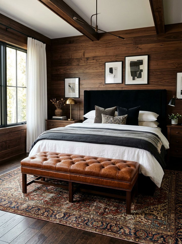 Leather Bench - 30 rustic black bedroom ideas