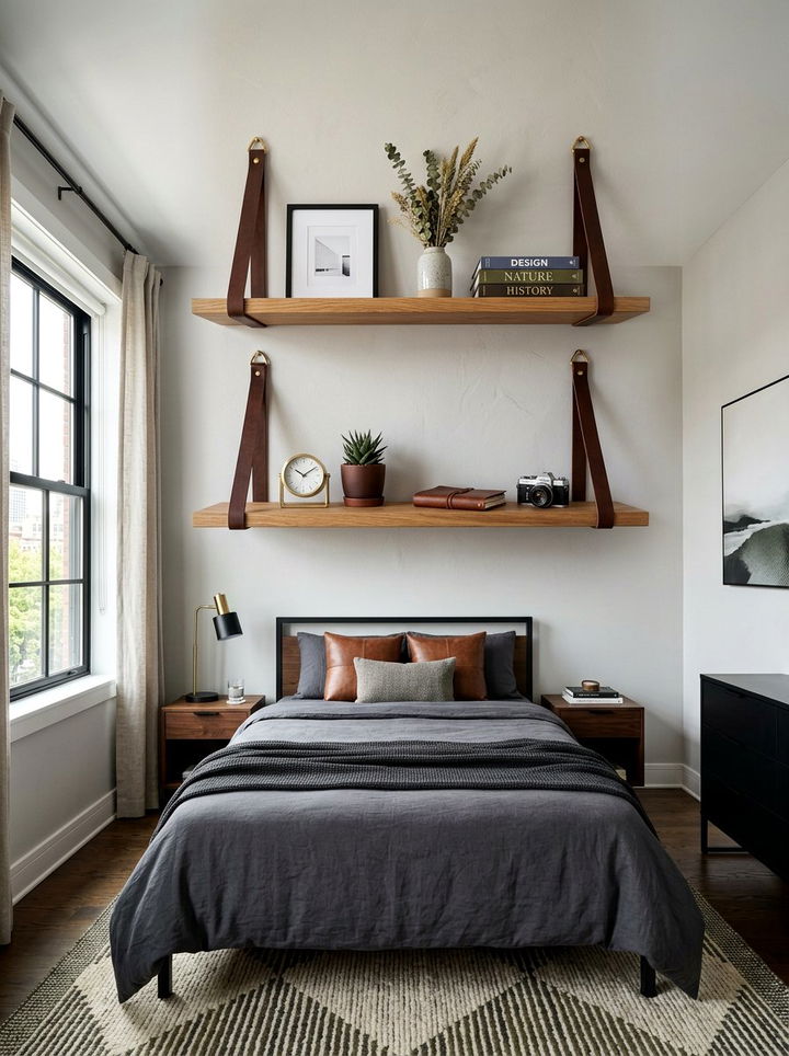 Leather Strap Wall Shelves - 30 DIY bedroom decor ideas