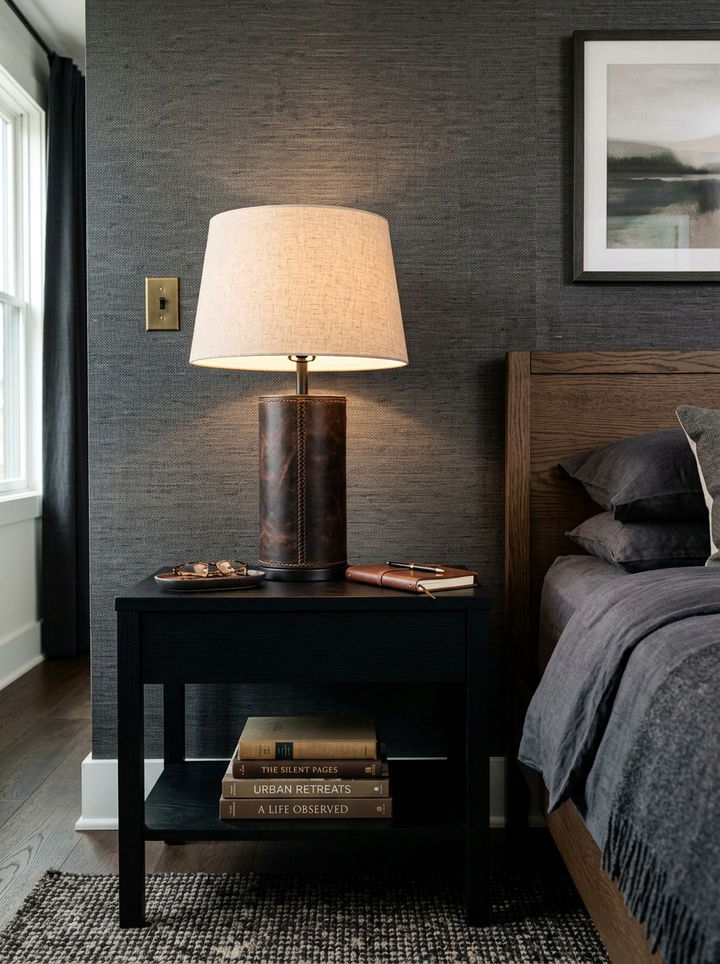 Leather Wrapped Bedside Lamp - 30 leather bedroom ideas