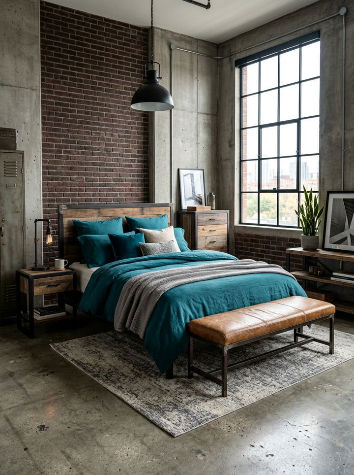 Leather and teal industrial bedroom - 30 industrial teal bedroom ideas
