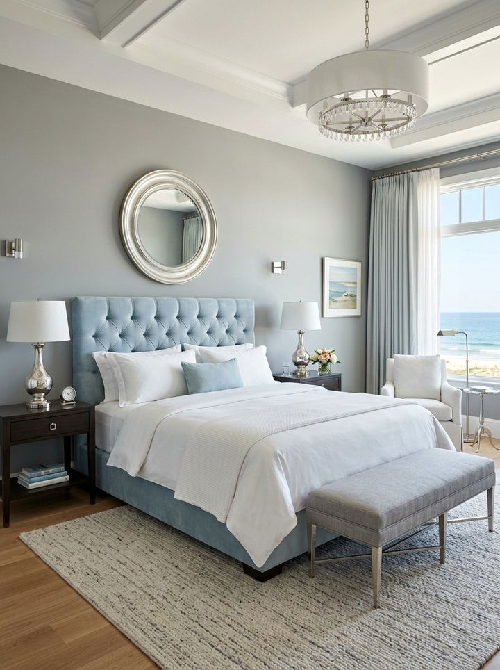 Light Blue Velvet Headboard - 30 coastal blue bedroom ideas