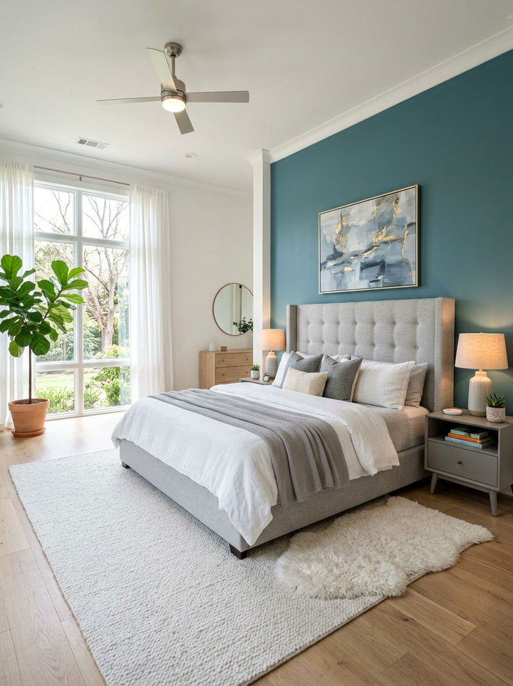 Light Gray Upholstered Bed - 30 teal and gray bedroom ideas
