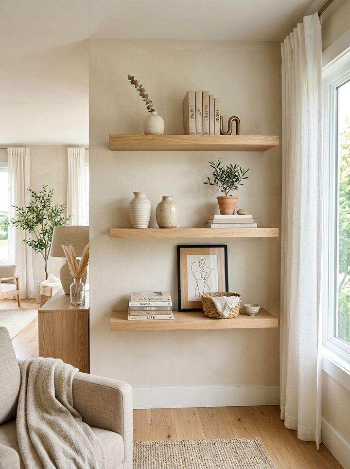 Light Oak Floating Shelves - 30 beige bedroom accessories ideas