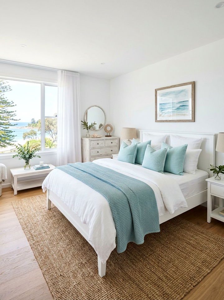 Light blue pillows - 30 coastal white bedroom ideas