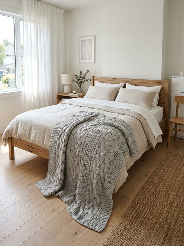 Light grey knit throw blanket - 30 grey bedroom accessories ideas