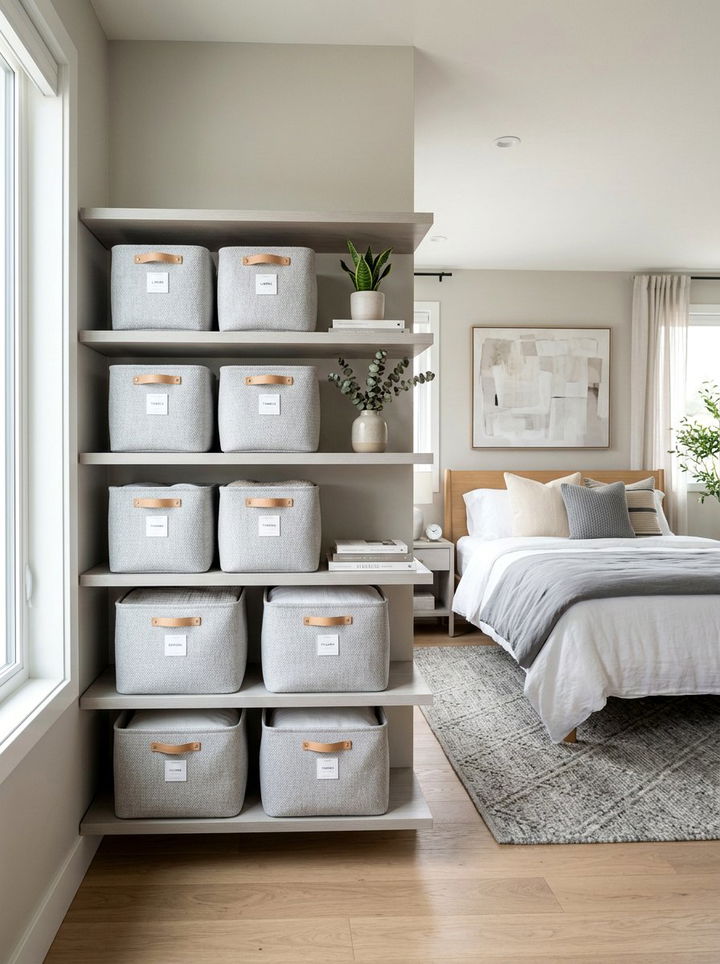 Light grey storage baskets - 30 grey bedroom accessories ideas