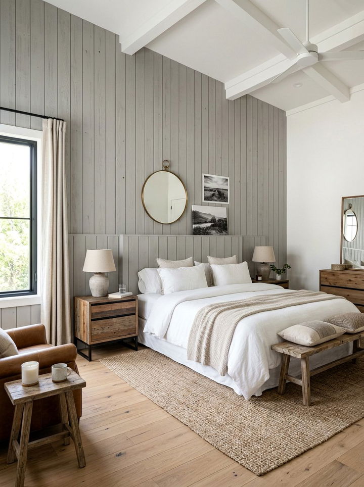Light grey wood paneling - 30 rustic grey bedroom ideas