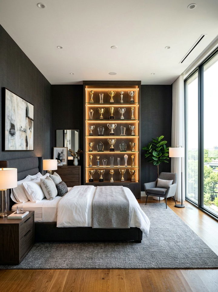 Lighted Trophy Showcase - 30 bedroom award display ideas