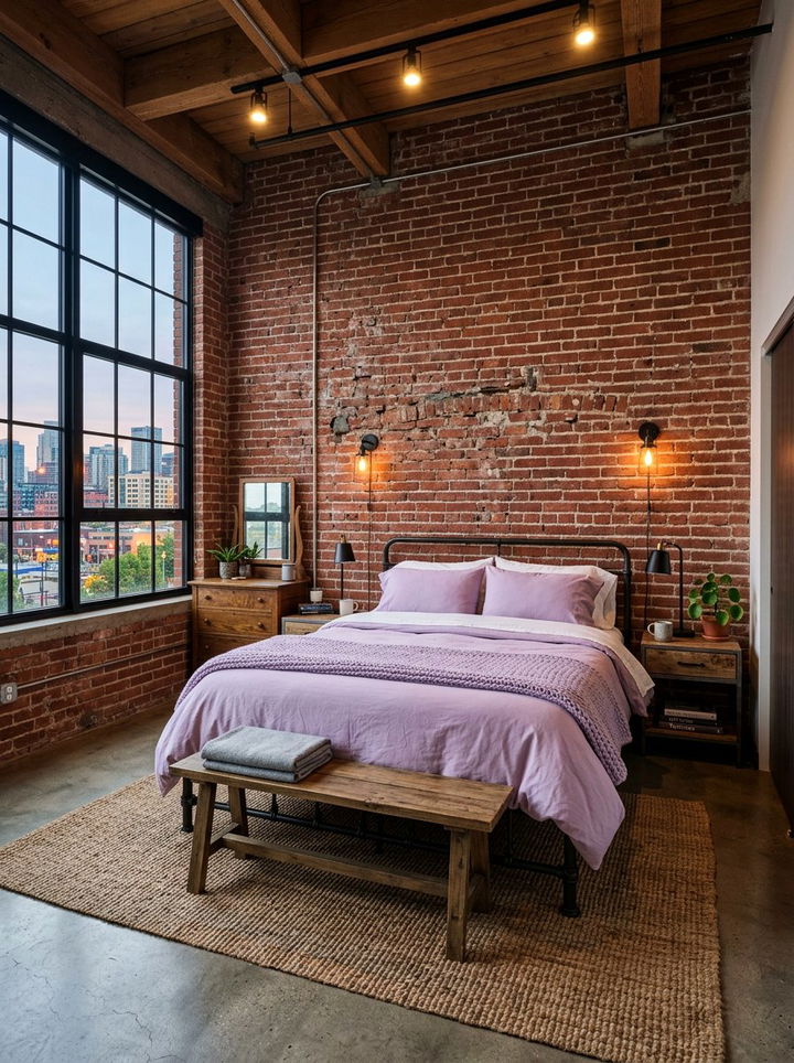 Lilac bedroom with exposed brick - 30 lilac bedroom ideas